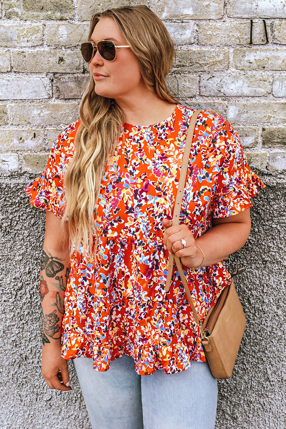 Chic orange floral ruffle sleeve babydoll top for curvy figures