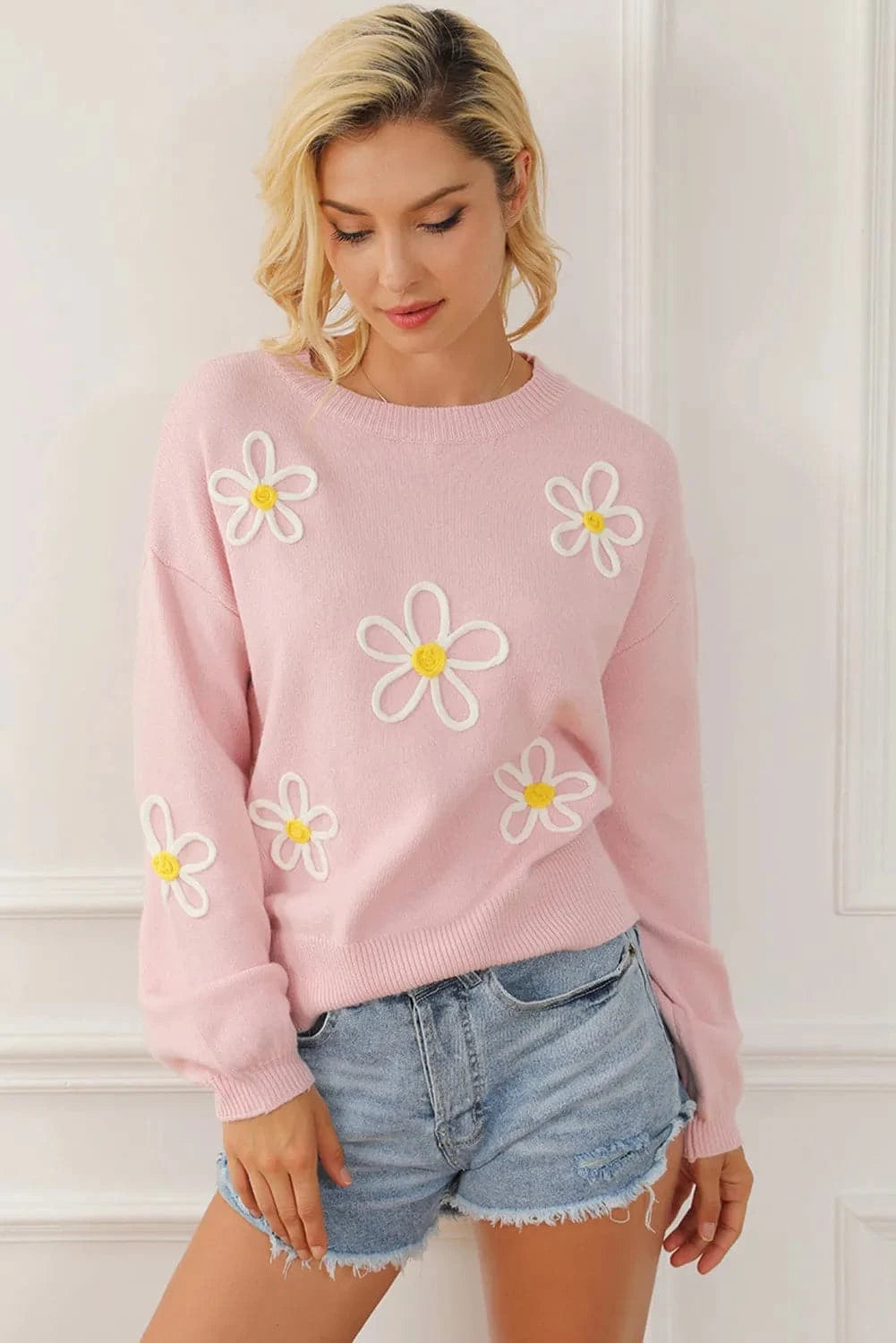 Floral Print Dropped Shoulder Sweater with Round Neck