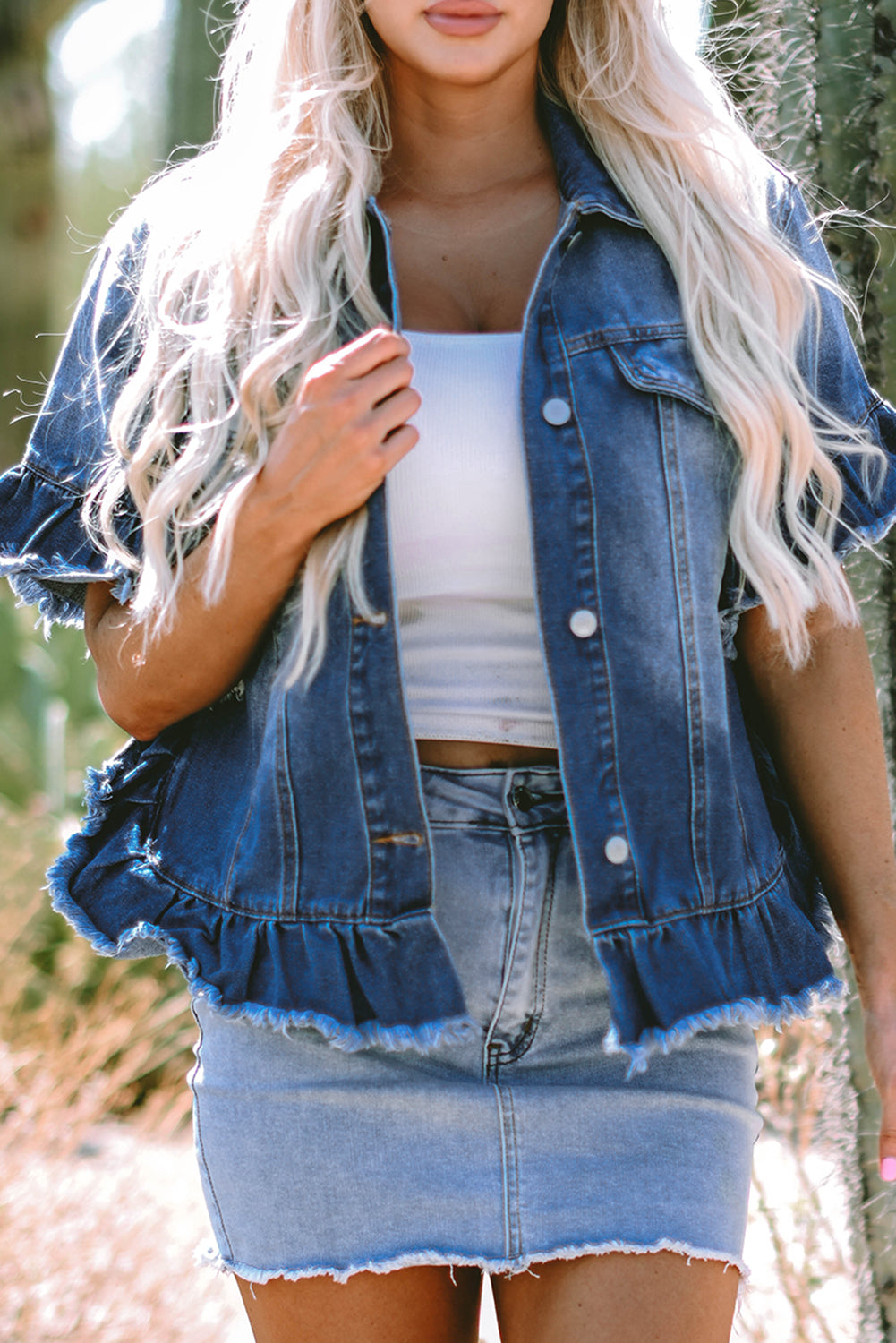 Peacock blue ruffled denim jacket