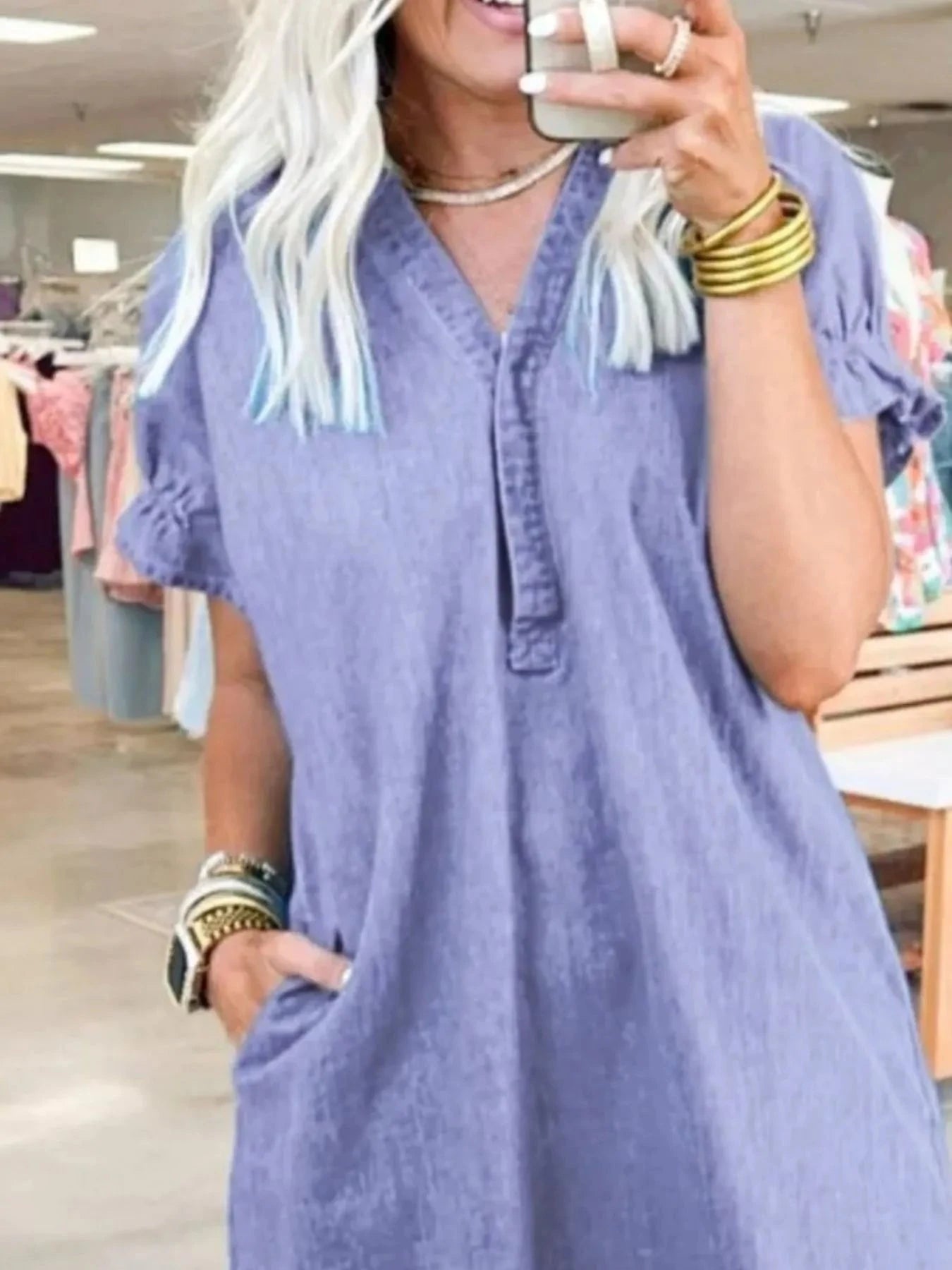 Full Size V-Neck Short Sleeve Denim Dress Plus Size Coco’s Tee Boutique