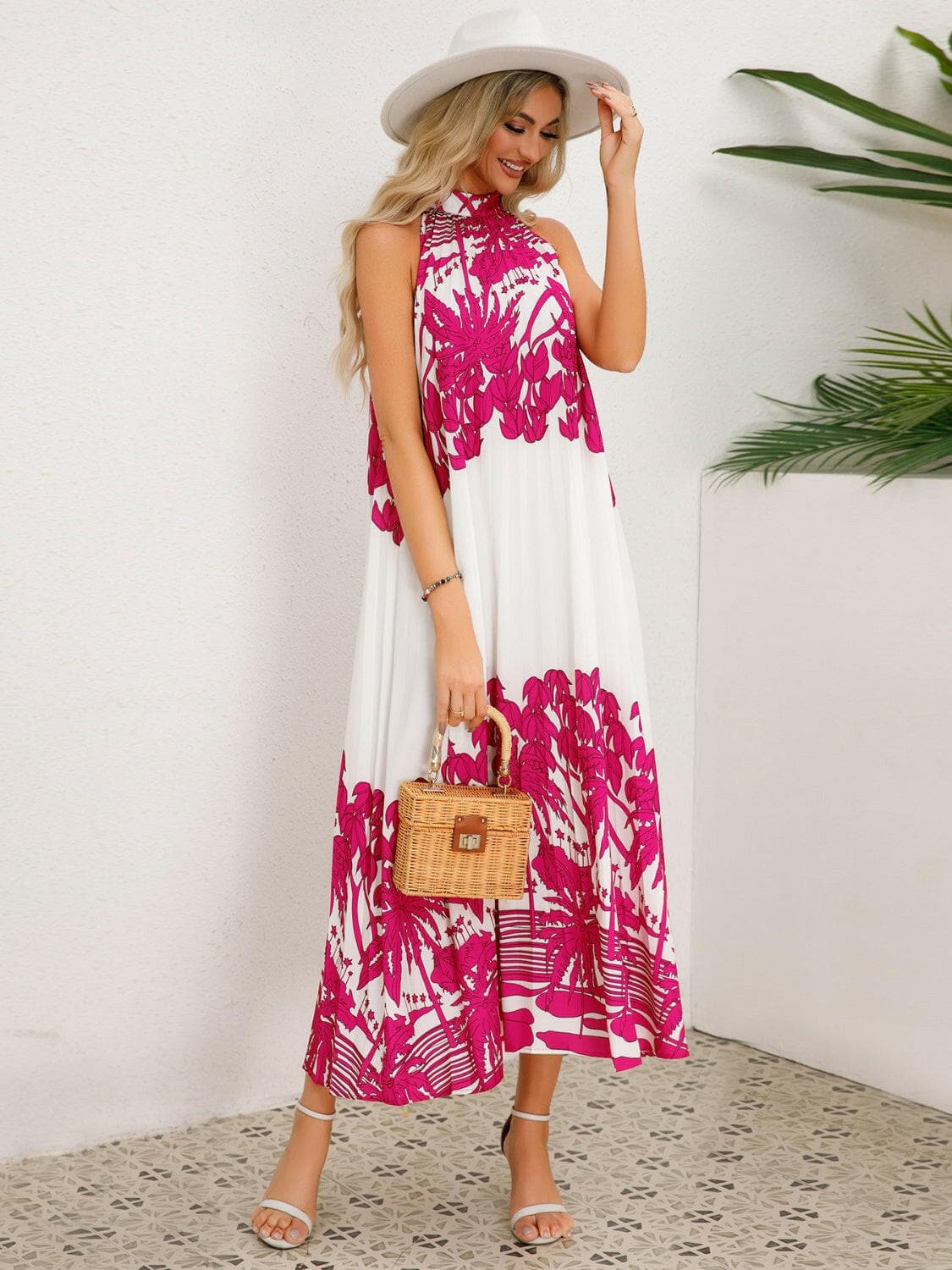 Tied Printed Sleeveless Midi Dress.