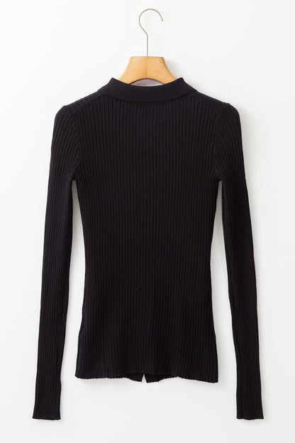 Sophisticated Black Ribbed Knit Collared Cardigan Sweater with Slim Fit