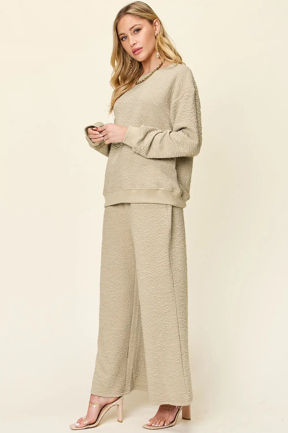 Double Take Full Size Texture Long Sleeve Top and Pants Set - Love Salve