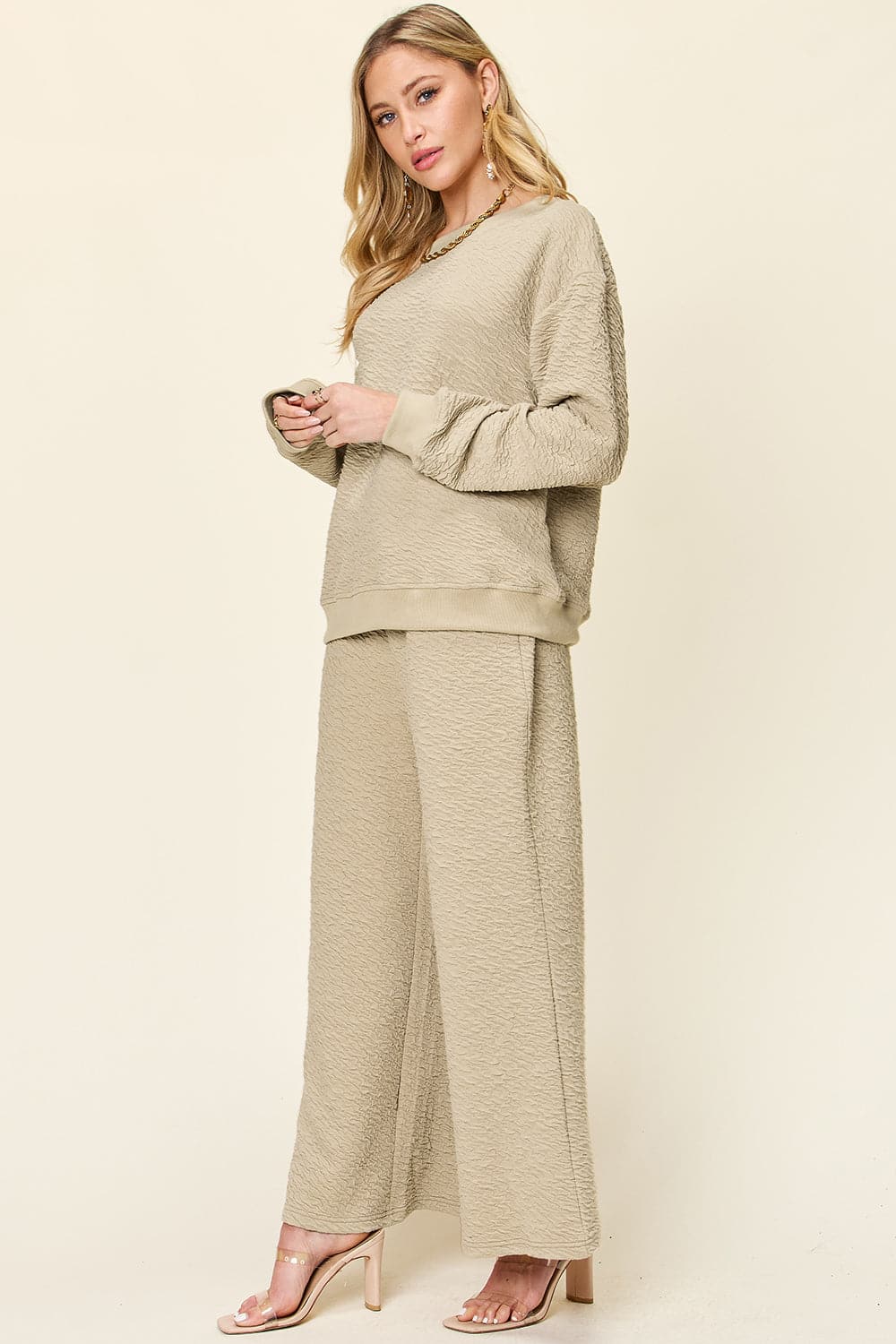 Double Take Full Size Texture Long Sleeve Top and Pants Set.