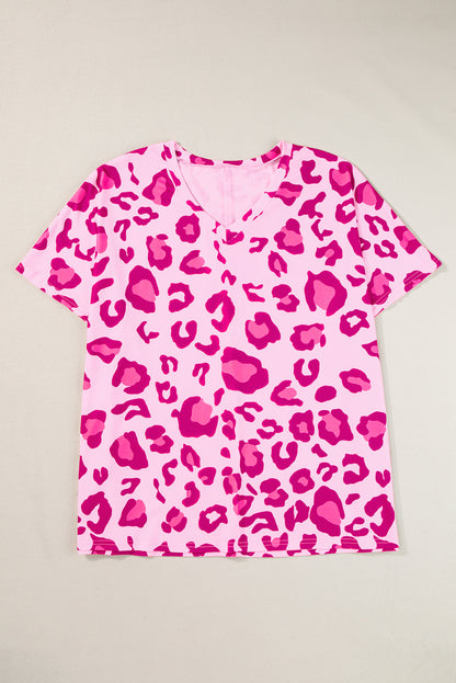 Fierce elegance: Plus size rose leopard print V neck tee