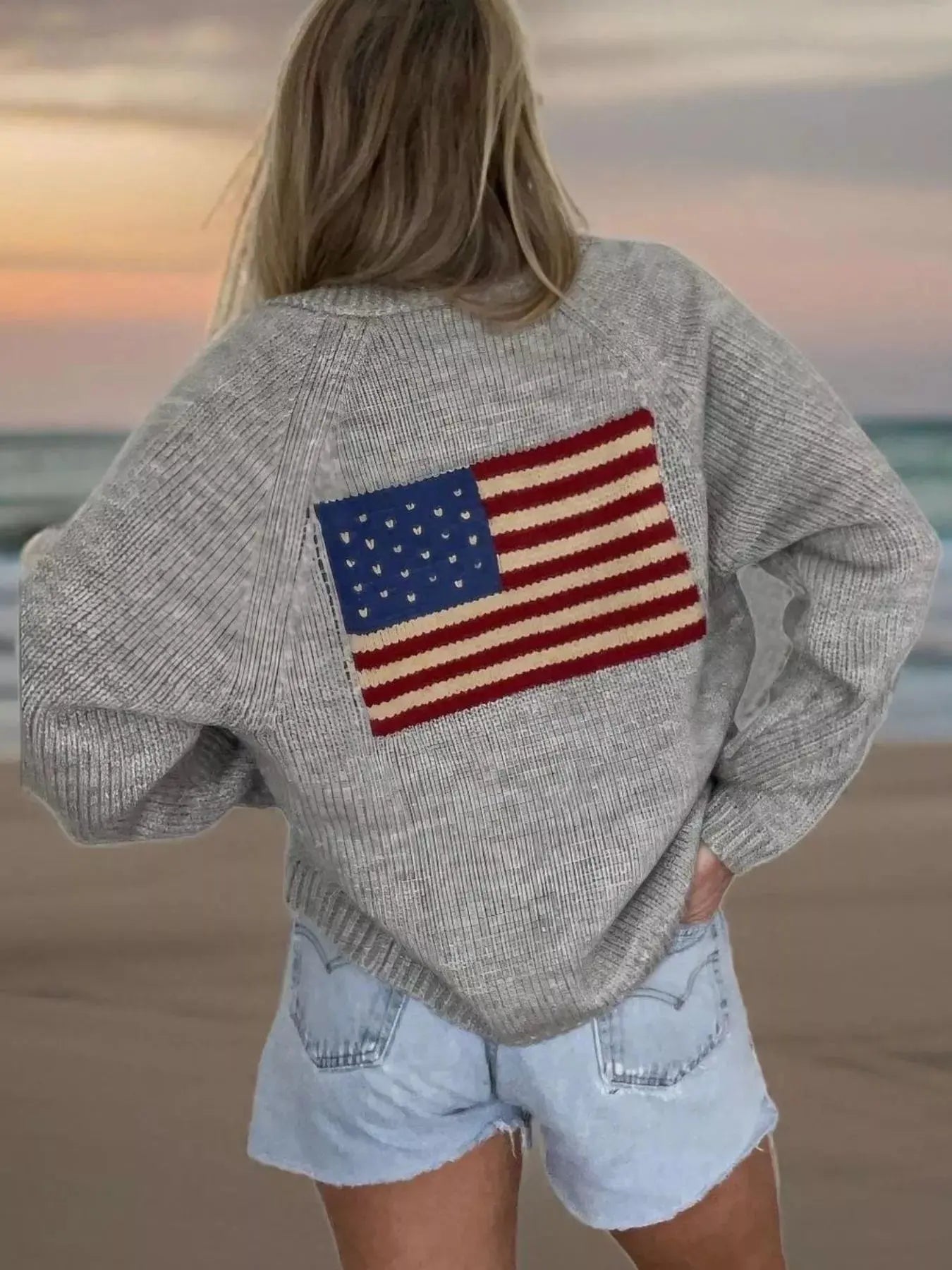 USA Flag Chunky Knit Button-Down Cardigan Simply Love