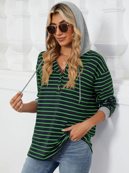 Drawstring Striped Long Sleeve Hoodie.