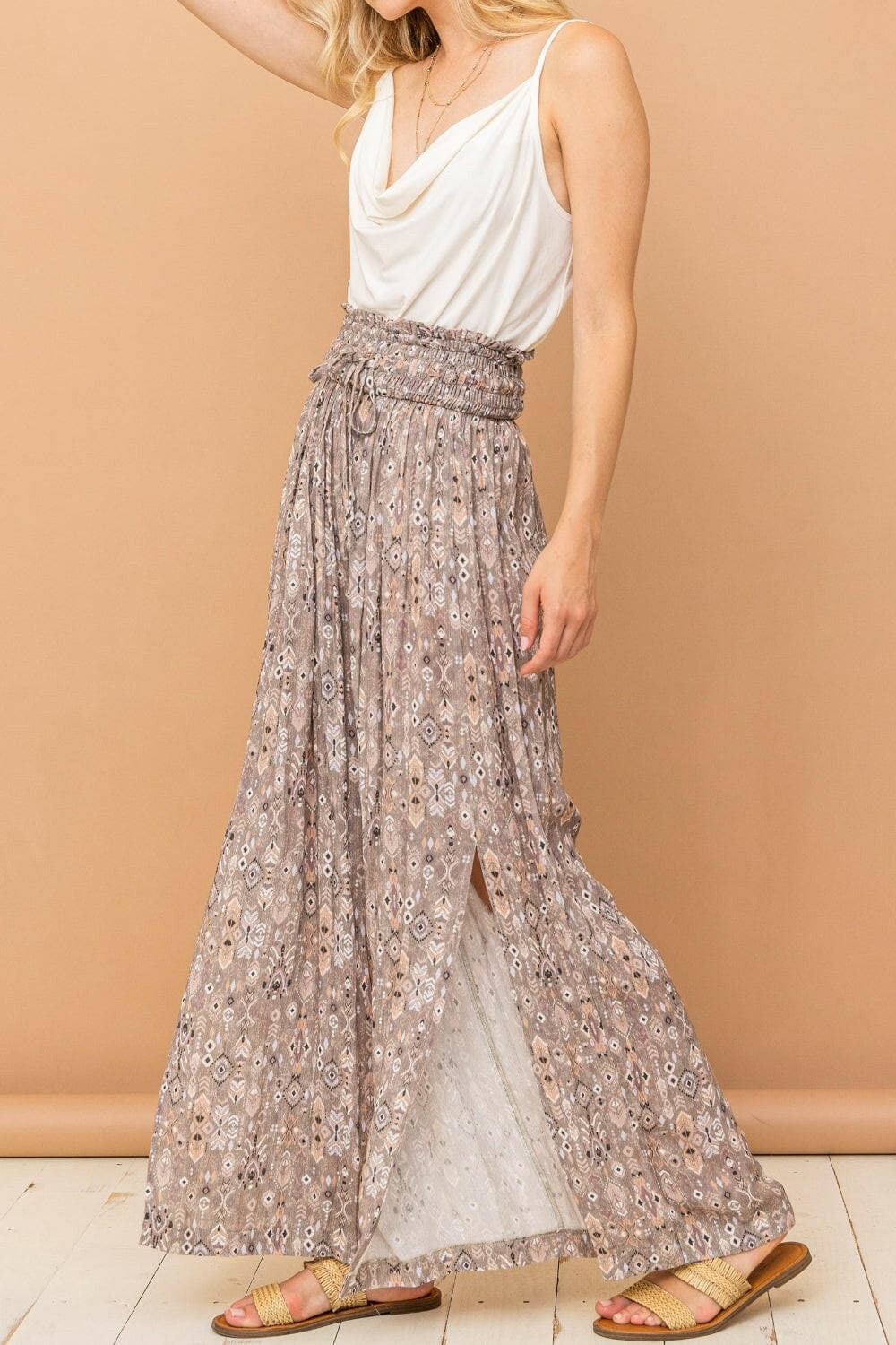 Chic Printed Smocked Waist Wide Leg Slit Pants