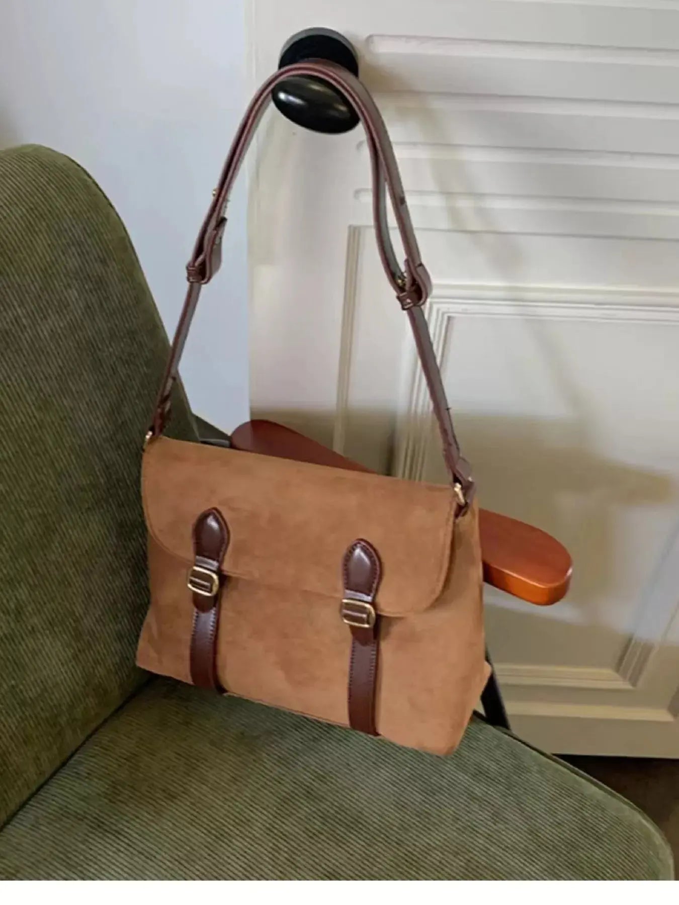 Tan Suede Double Buckle Crossbody Bag With Adjustable Straps Simply Love