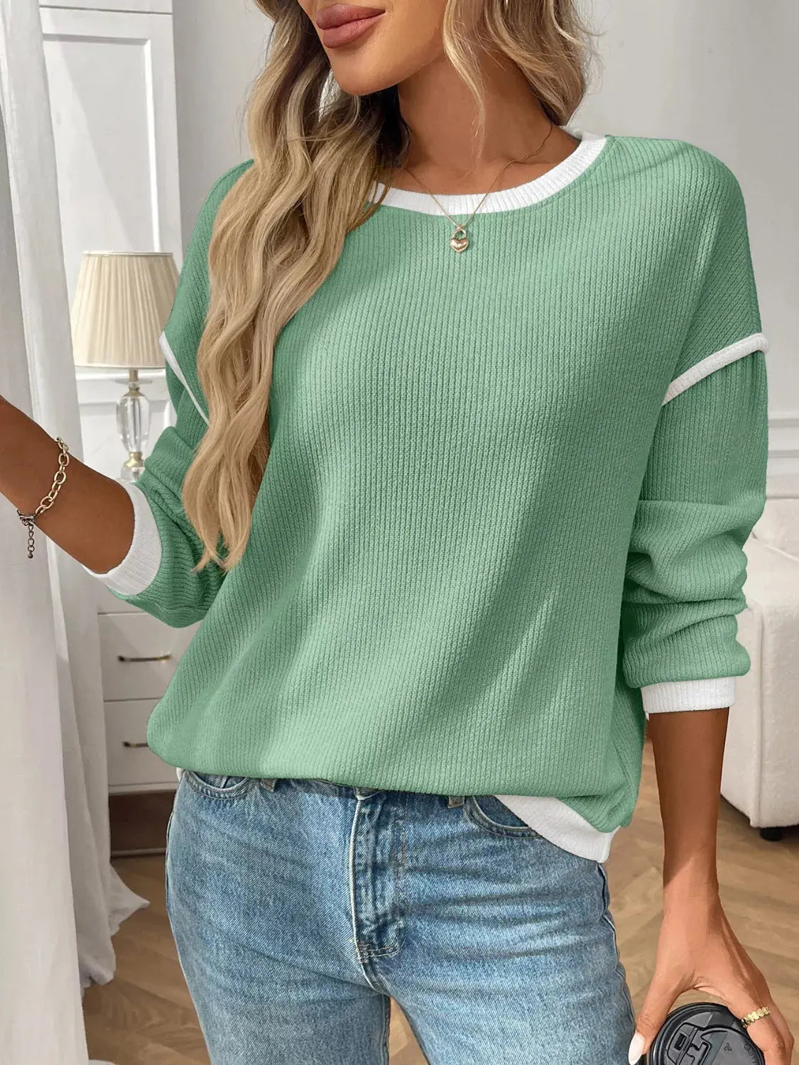 Ribbed Knit Contrast Trim Sweater Simply Love