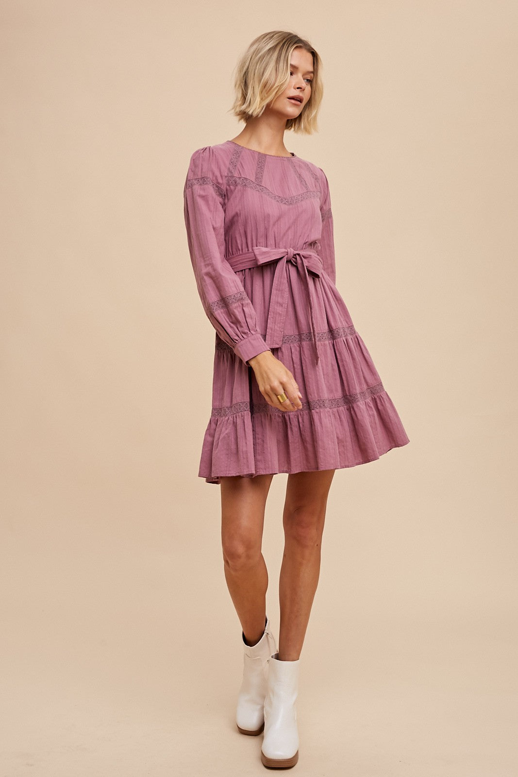Dark Mauve Lace Inlay Long Sleeve Mini Dress PinkBlush
