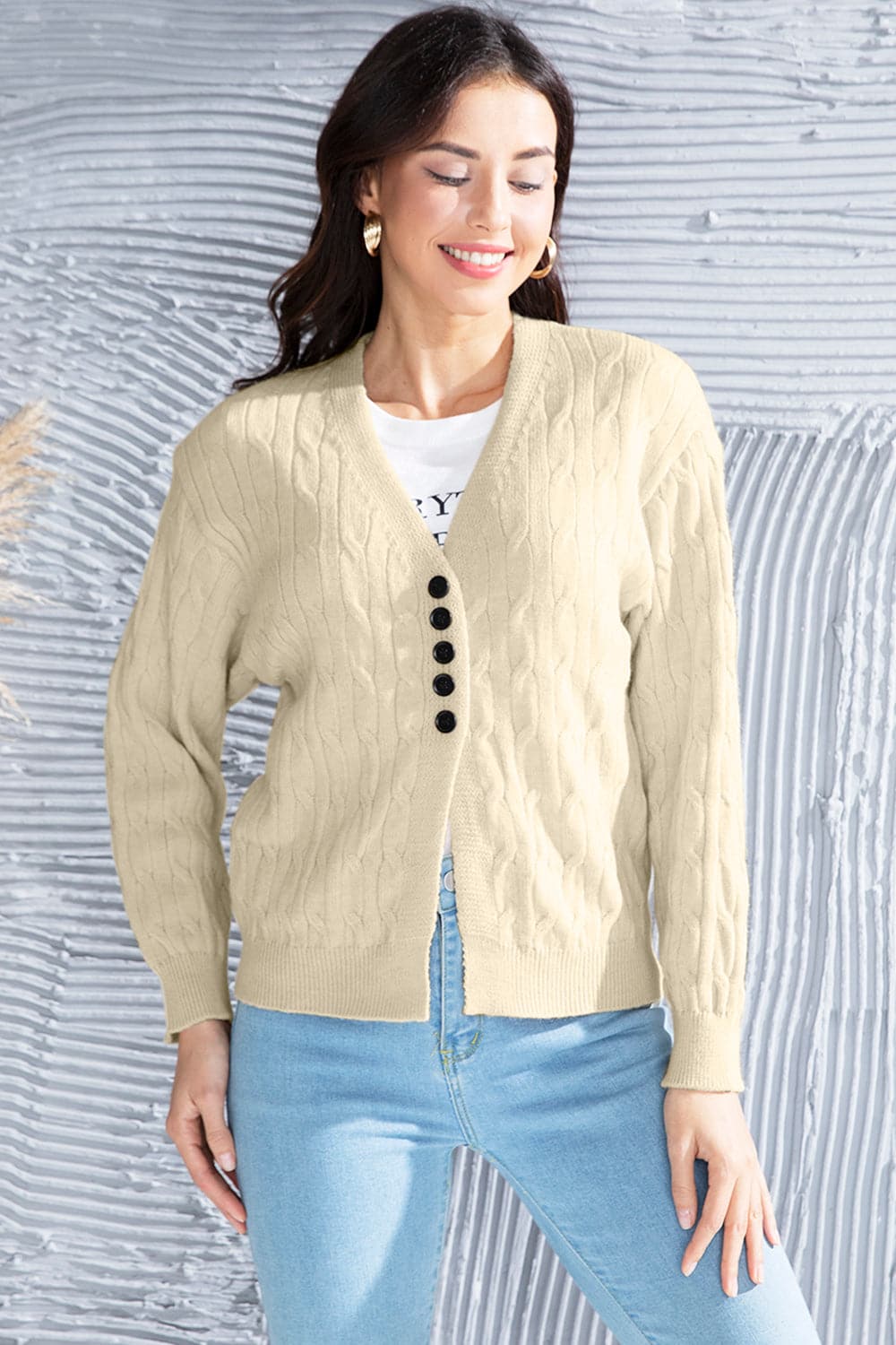 Cable-Knit Button Up Dropped Shoulder Cardigan.