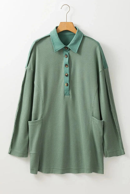 Half Button Long Sleeve TopFeatures: Buttoned
Sheer: Opaque
Stretch: No stretch
Material composition: 75% polyester, 25% cotton
Care instructions: Machine wash cold. Tumble dry low.
Imported

Love Salve Half Button Long Sleeve TopShirts