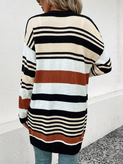 Striped Open Front Drop Shoulder Cardigan.