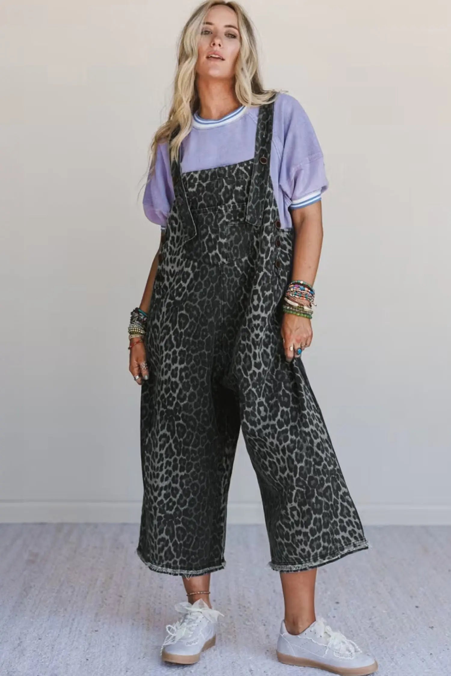Gray Leopard Print Denim Overalls With Button Adjustable Straps Cropped Fit Dear-Lover Dropshipping