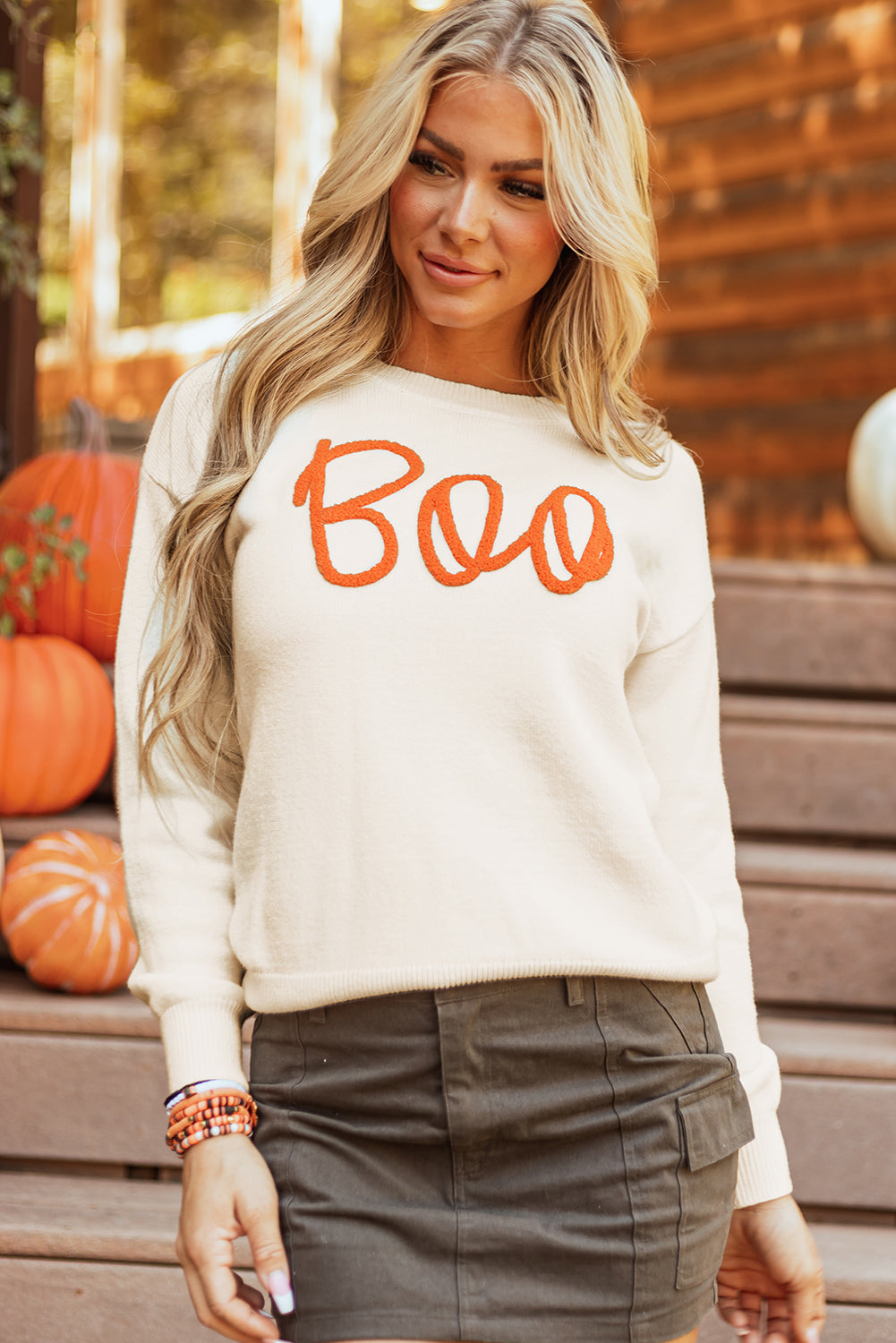 Cozy apricot "Boo" ribbed edge drop shoulder sweater