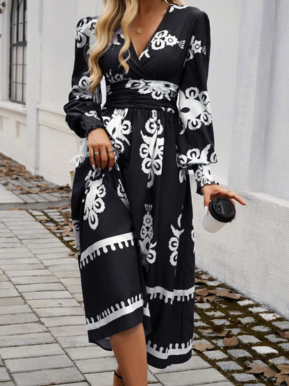 Chic printed surplice midi dress with lantern sleeves