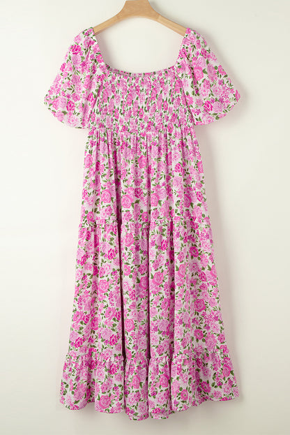 Chic pink floral plus size smocked maxi dress with puff sleeves