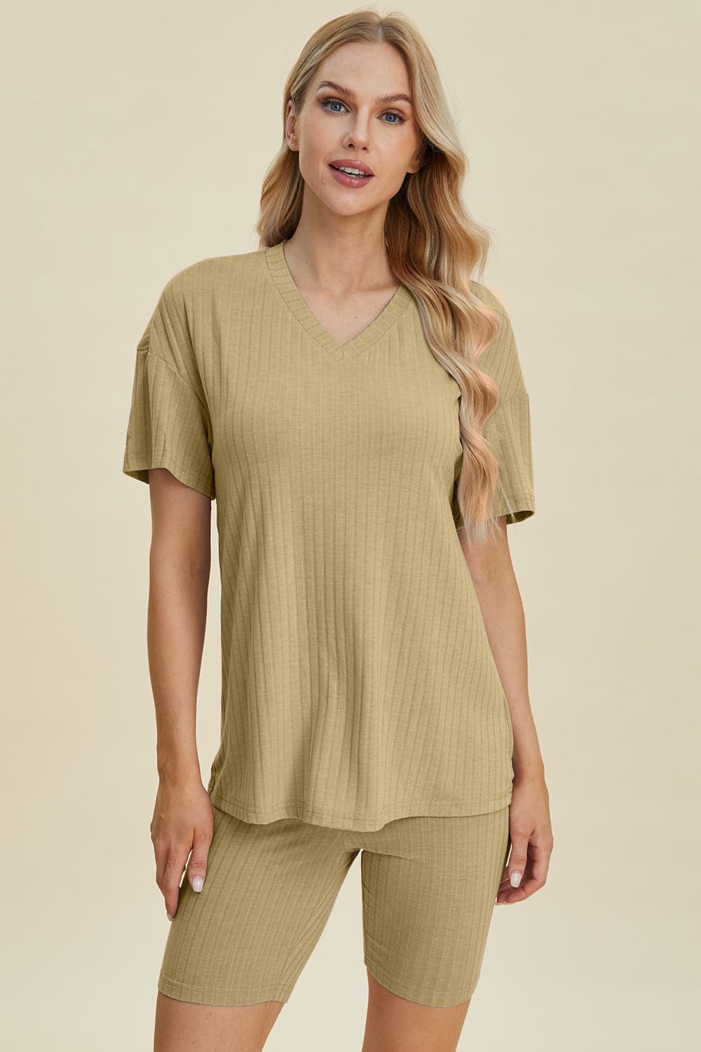 Basic Bae Full Size Ribbed V-Neck Short Sleeve Top and Shorts Set.