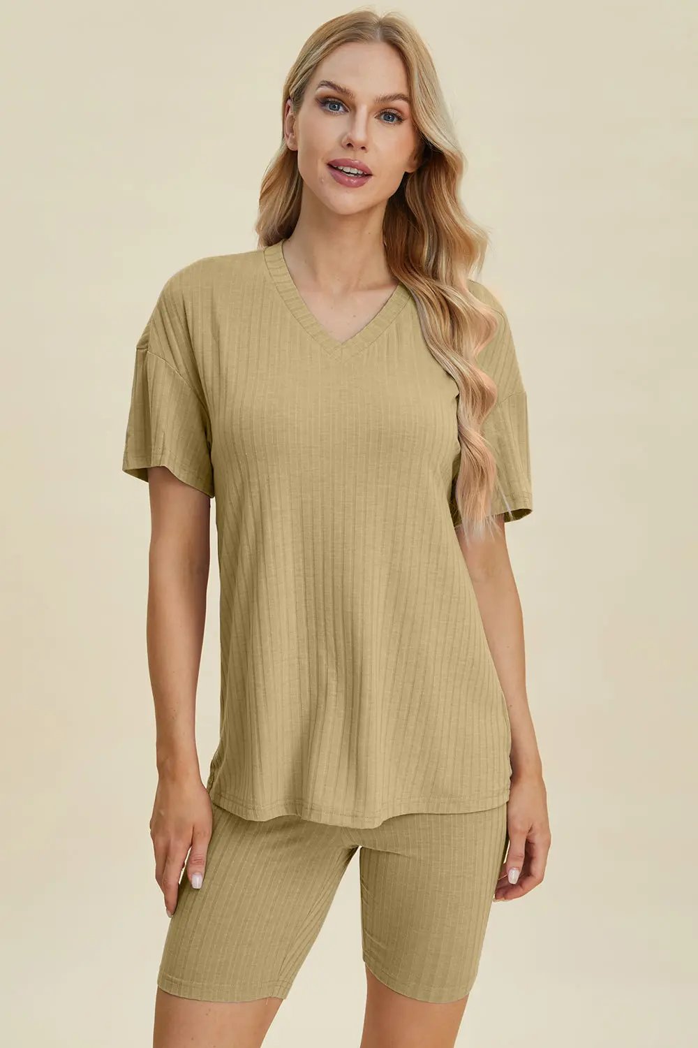 Basic Bae Full Size Ribbed V-Neck Short Sleeve Top and Shorts Set - Love Salve