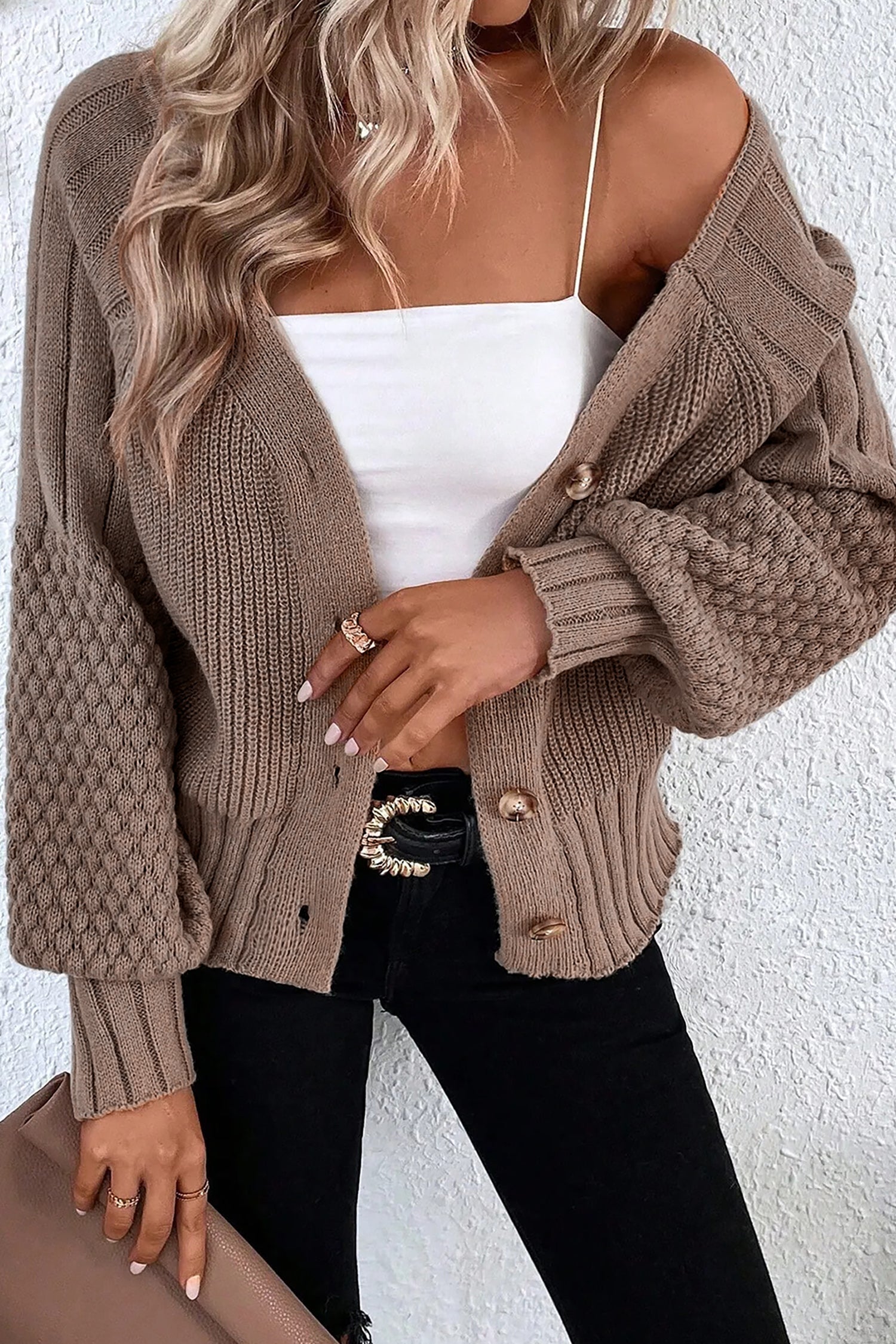 Goat Mixed Texture Knit Button V Neck Cardigan Sweater Dear-Lover Dropshipping