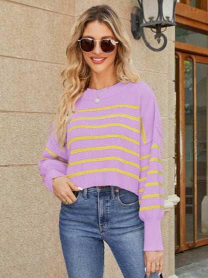 Round Neck Striped Lantern Sleeve Sweater.