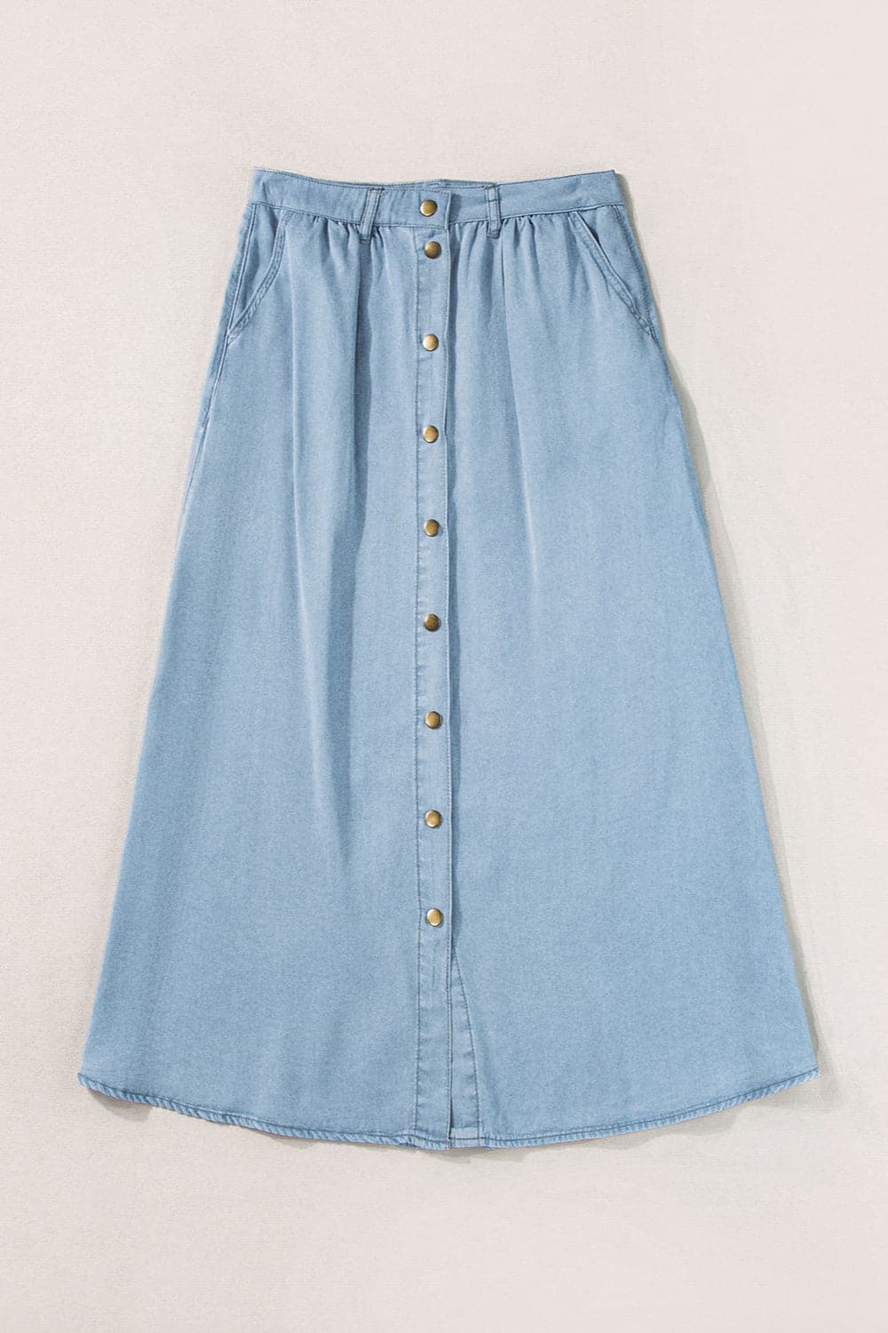 Snap Down High Waist Denim Skirt.