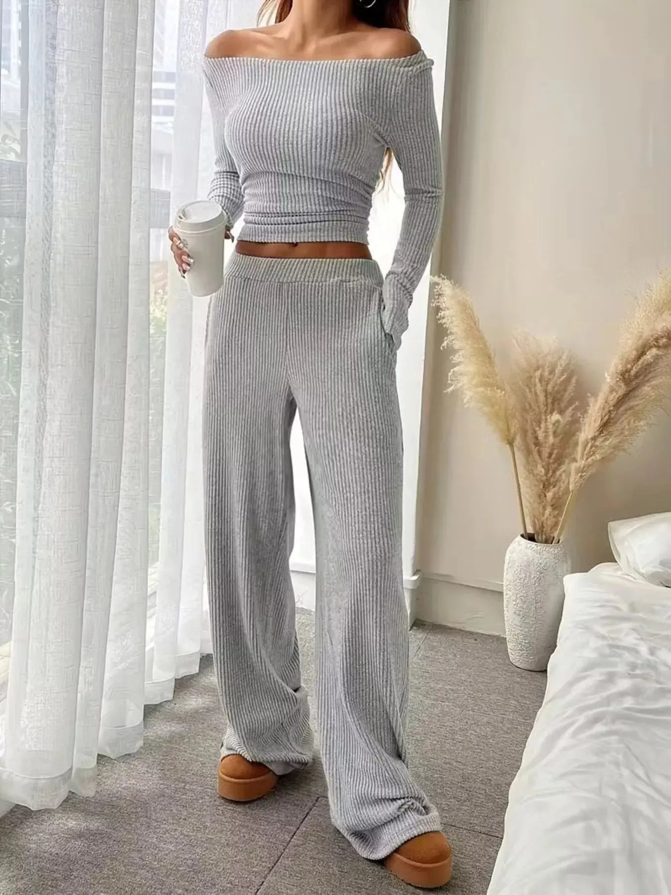 Ribbed Knit Boat Neck Top and Pants Set Simply Love