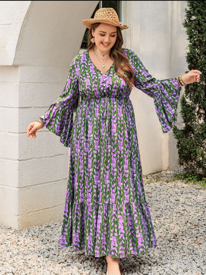 Plus Size Printed V-Neck Long Sleeve Maxi Dress.