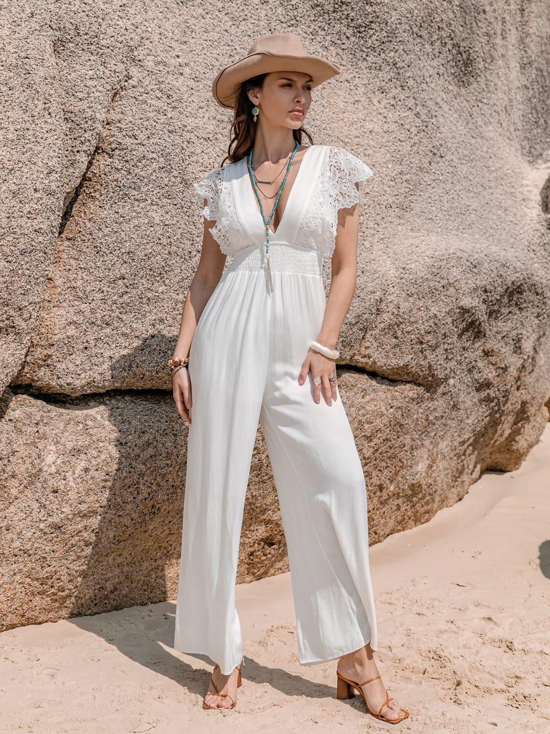 Lace Detail Plunge Cap Sleeve Jumpsuit.