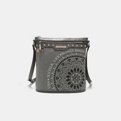 Nicole Lee USA Metallic Stitching Embroidery Inlaid Rhinestone Crossbody Bag.