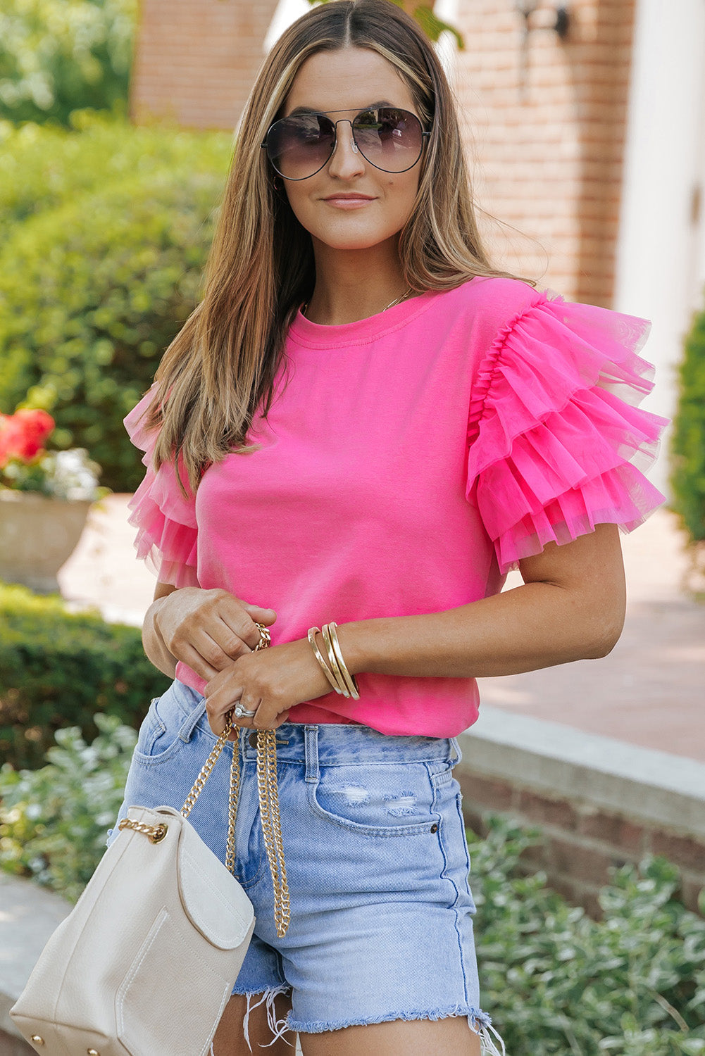 Pink Plain Round Neck Tulle Ruffle Sleeve Blouse Divine Design4U