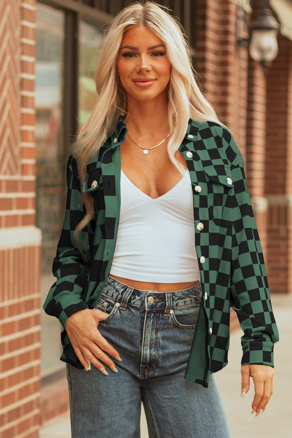 Green Checkerboard Shacket With Flap Pocket And Button Front Closure For Casual Outerwear Dear-Lover Dropshipping