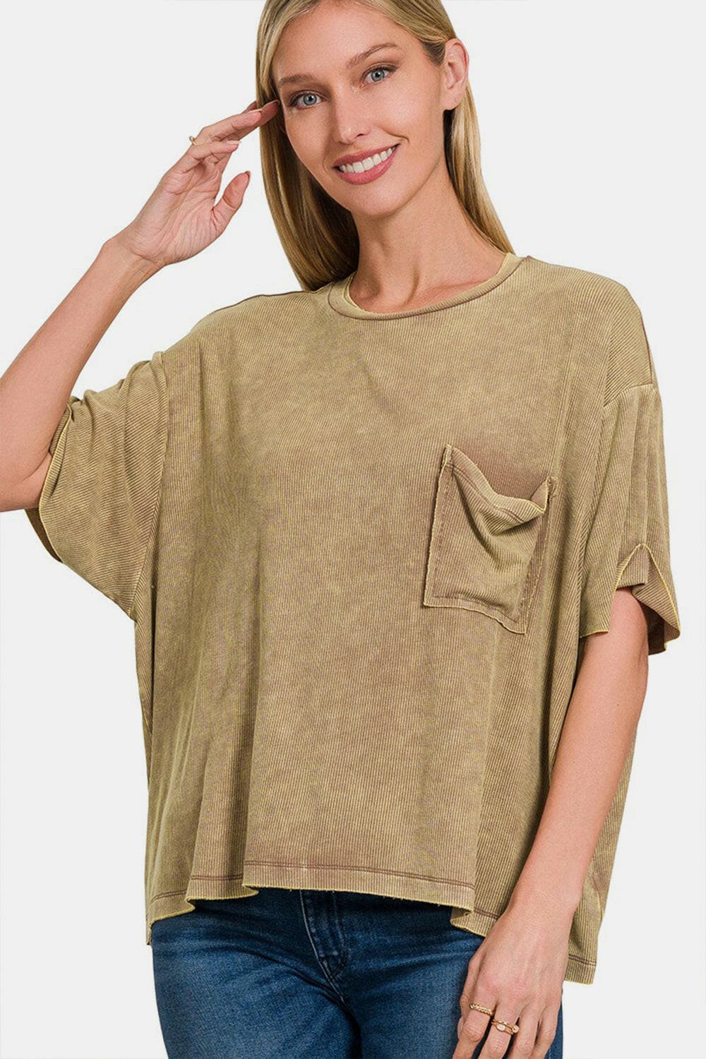 Zenana Ribbed Round Neck Drop Shoulder T-Shirt.