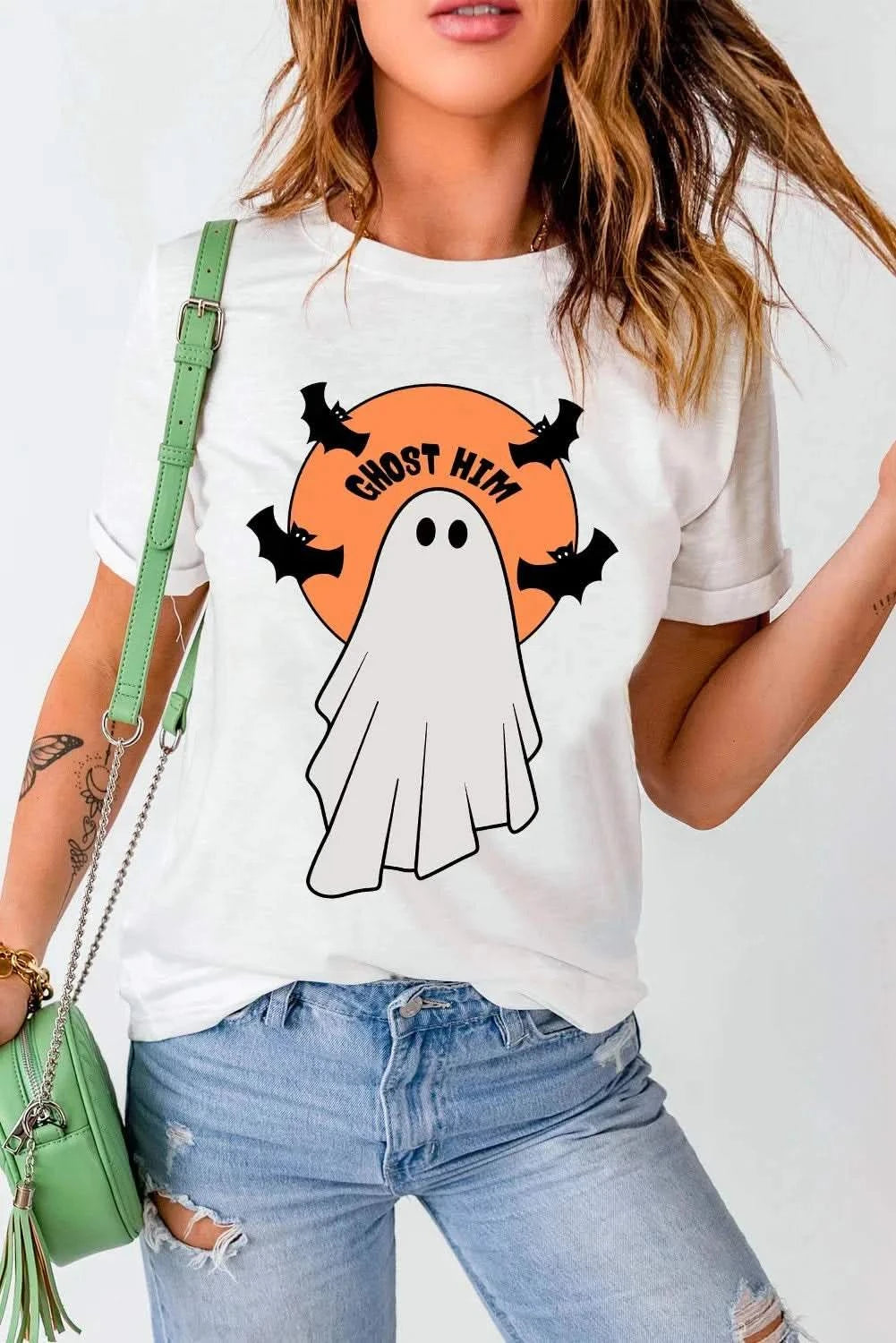 Full Size Ghost Round Neck Short Sleeve T-Shirt with bat graphics in white, polyester-cotton blend.