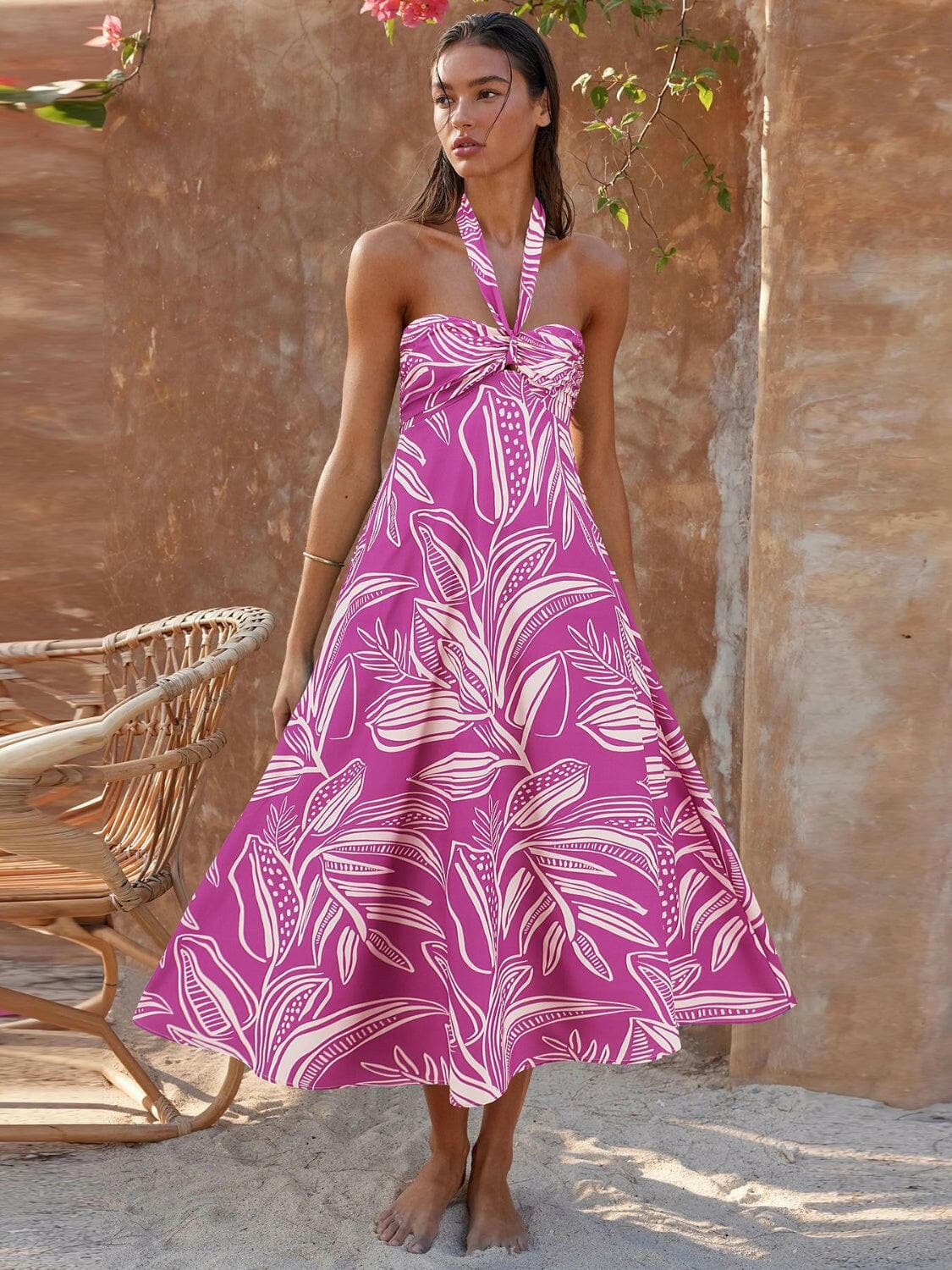 Printed Halter Neck Midi Cami Dress.