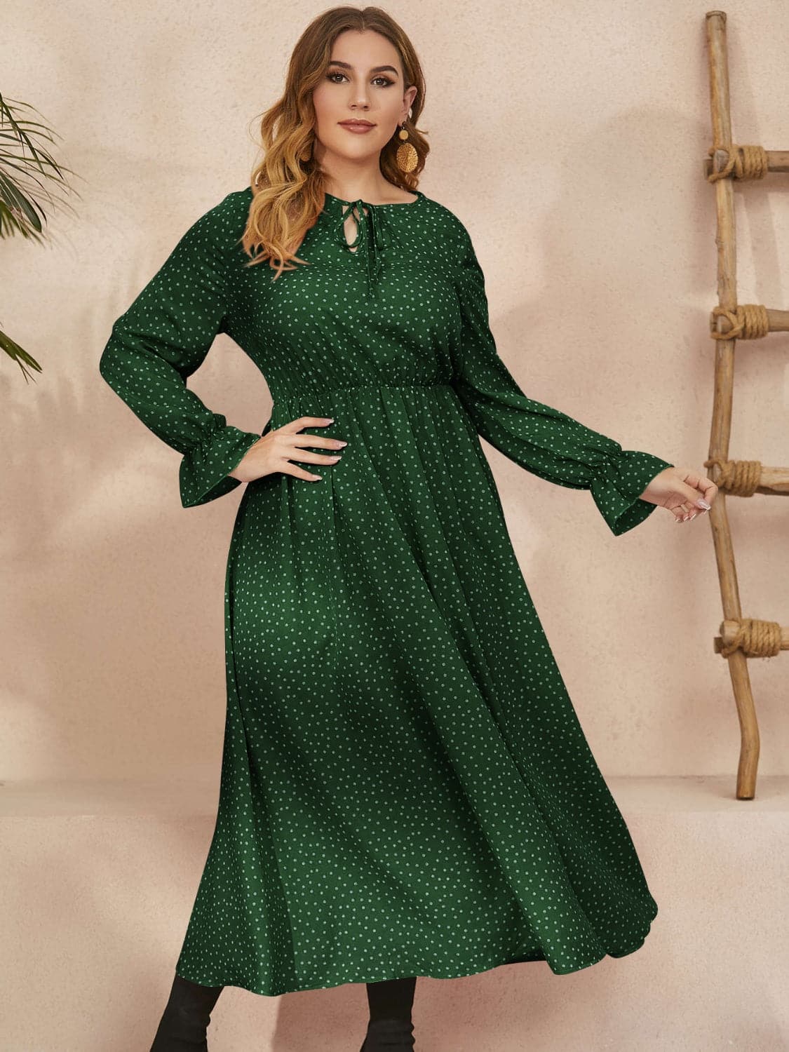 Plus Size Ruffled Polka Dot Long Sleeve Midi Dress.