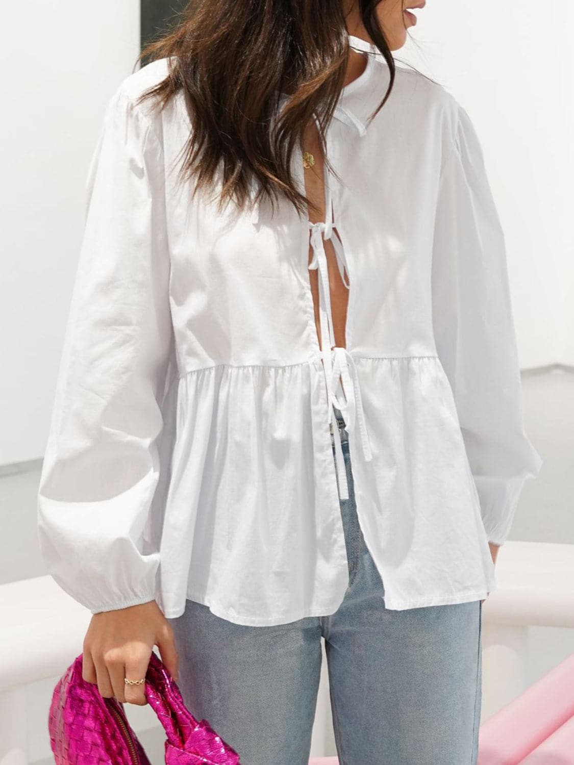 Tied Round Neck Long Sleeve Blouse.