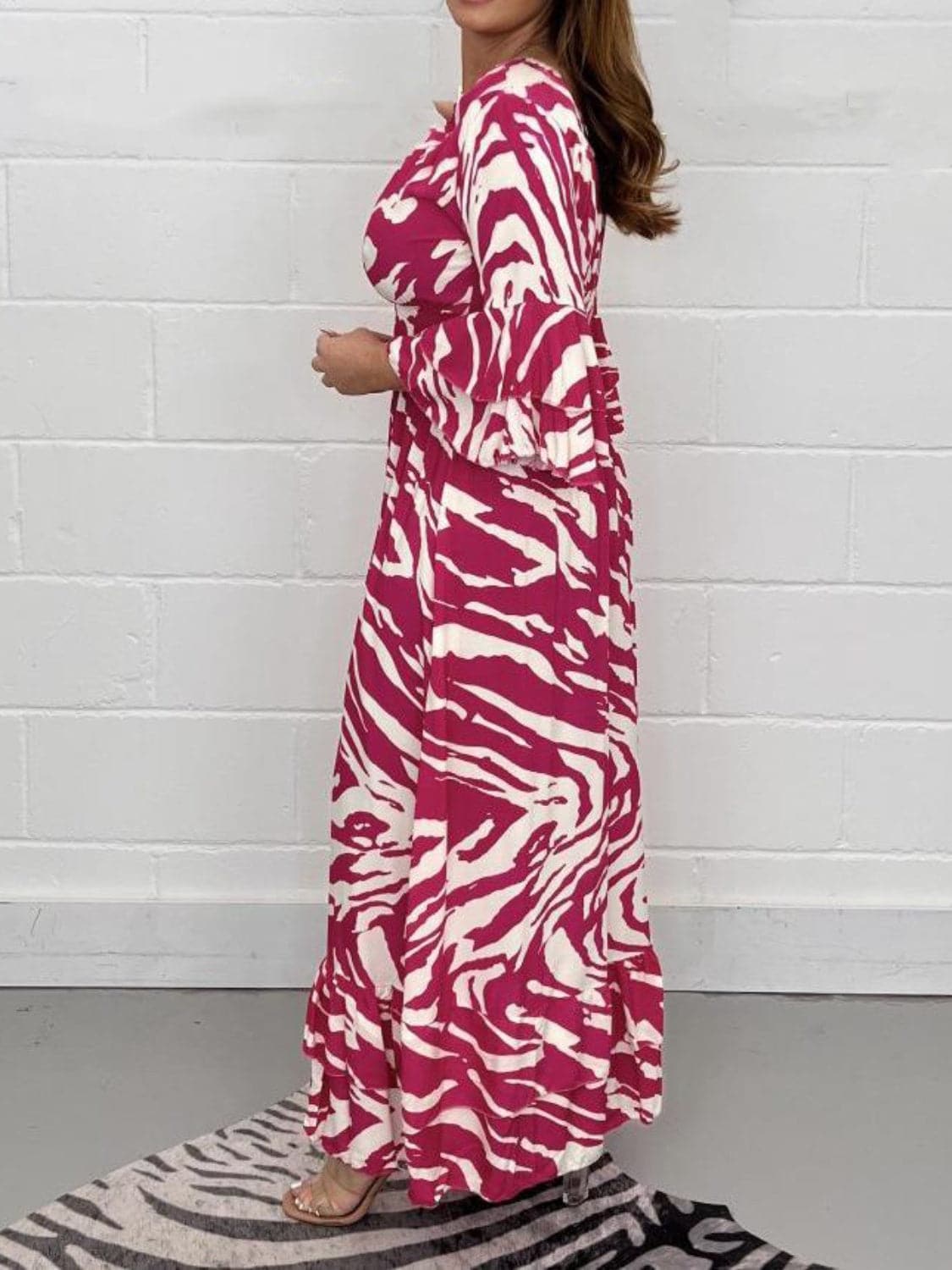 Smocked Printed Flounce Sleeve Maxi Dress.