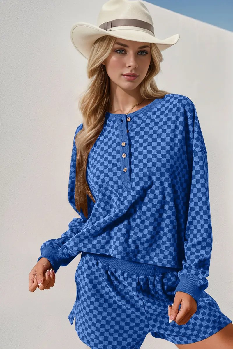 Double Take Checkered Half Button Top and Shorts Set - Love Salve