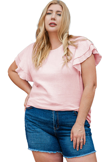 Light pink plus size ruffle sleeve top with crinkle texture