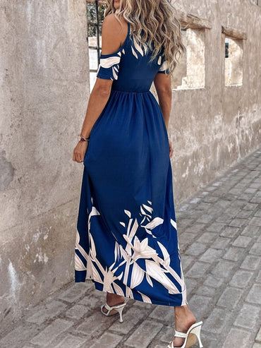 Printed Cold Shoulder Short Sleeve Maxi Dress.