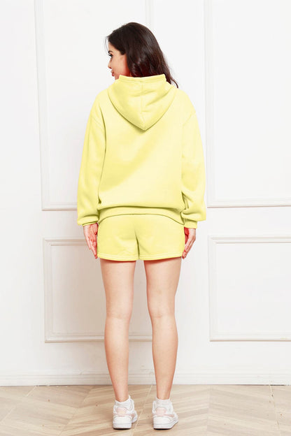 Drop Shoulder Long Sleeve Hoodie and Shorts Set.