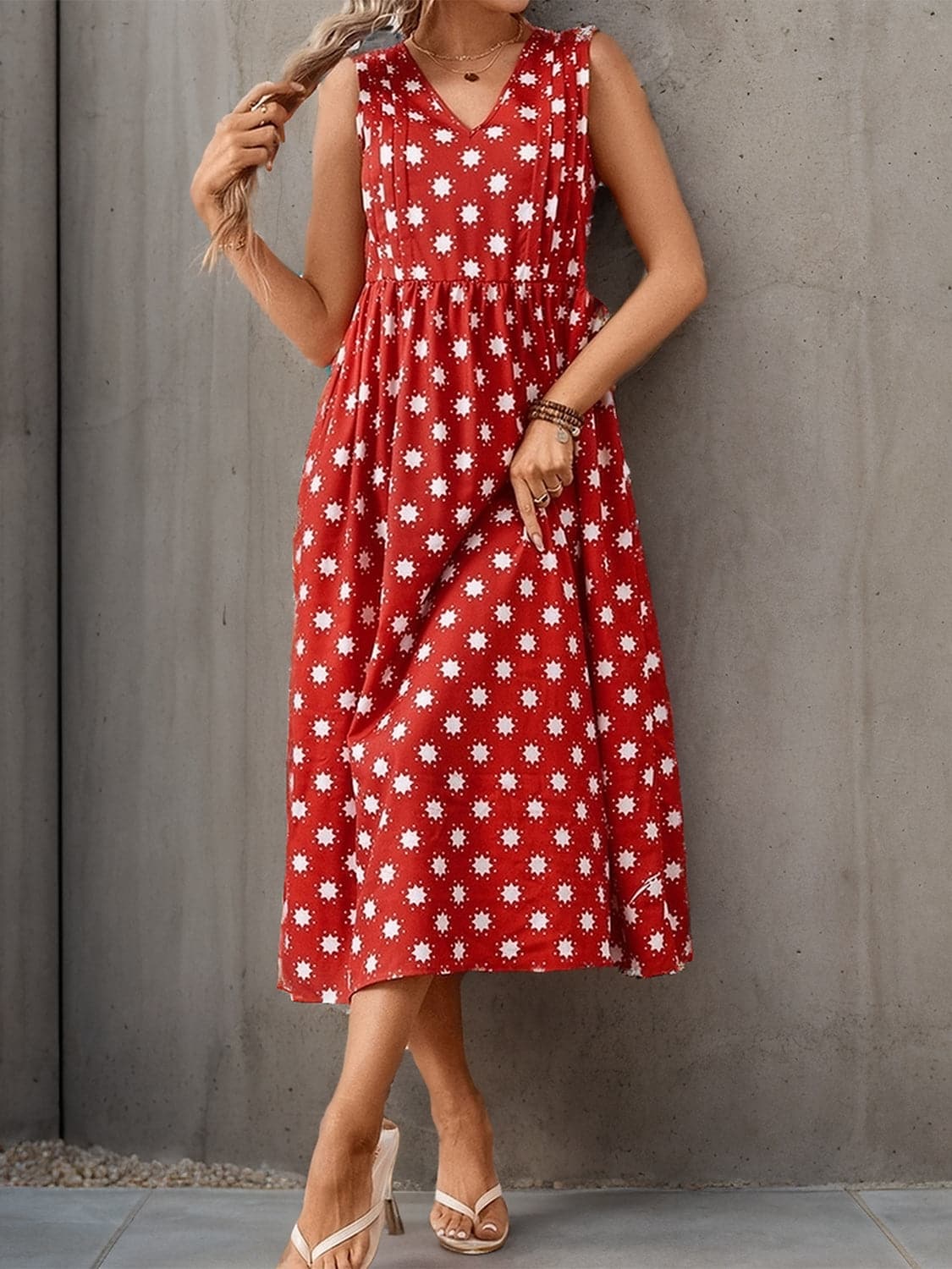 Printed V-Neck Sleeveless Midi Dress.