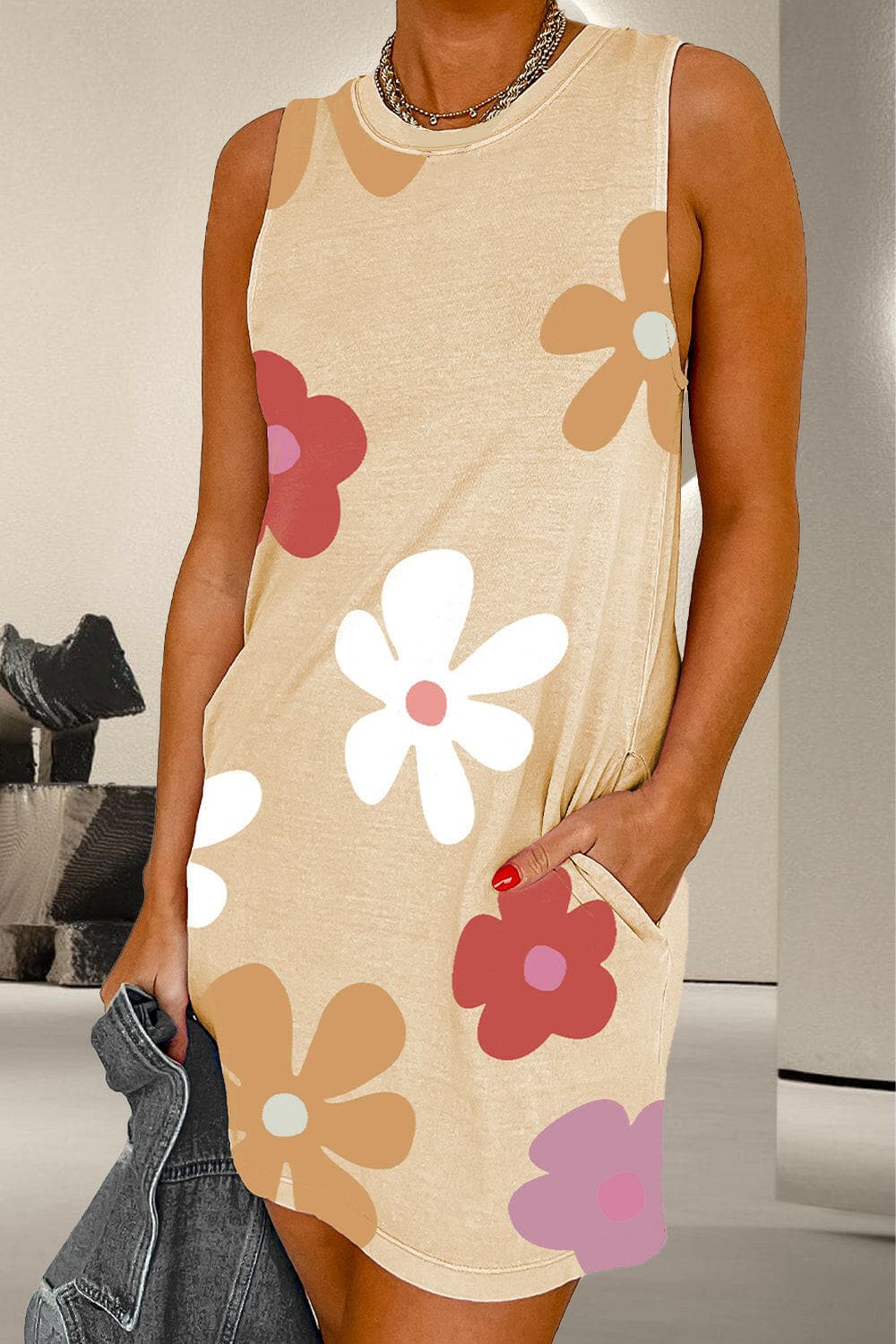 Pocketed Printed Round Neck Tank Dress.