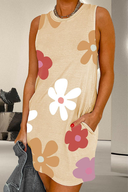 Pocketed Printed Round Neck Tank Dress.