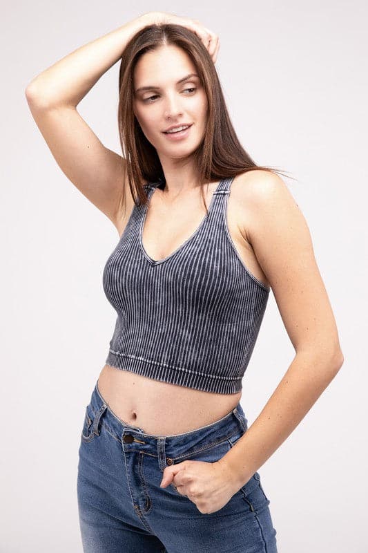 Washed Ribbed Cropped V-Neck Tank Top.