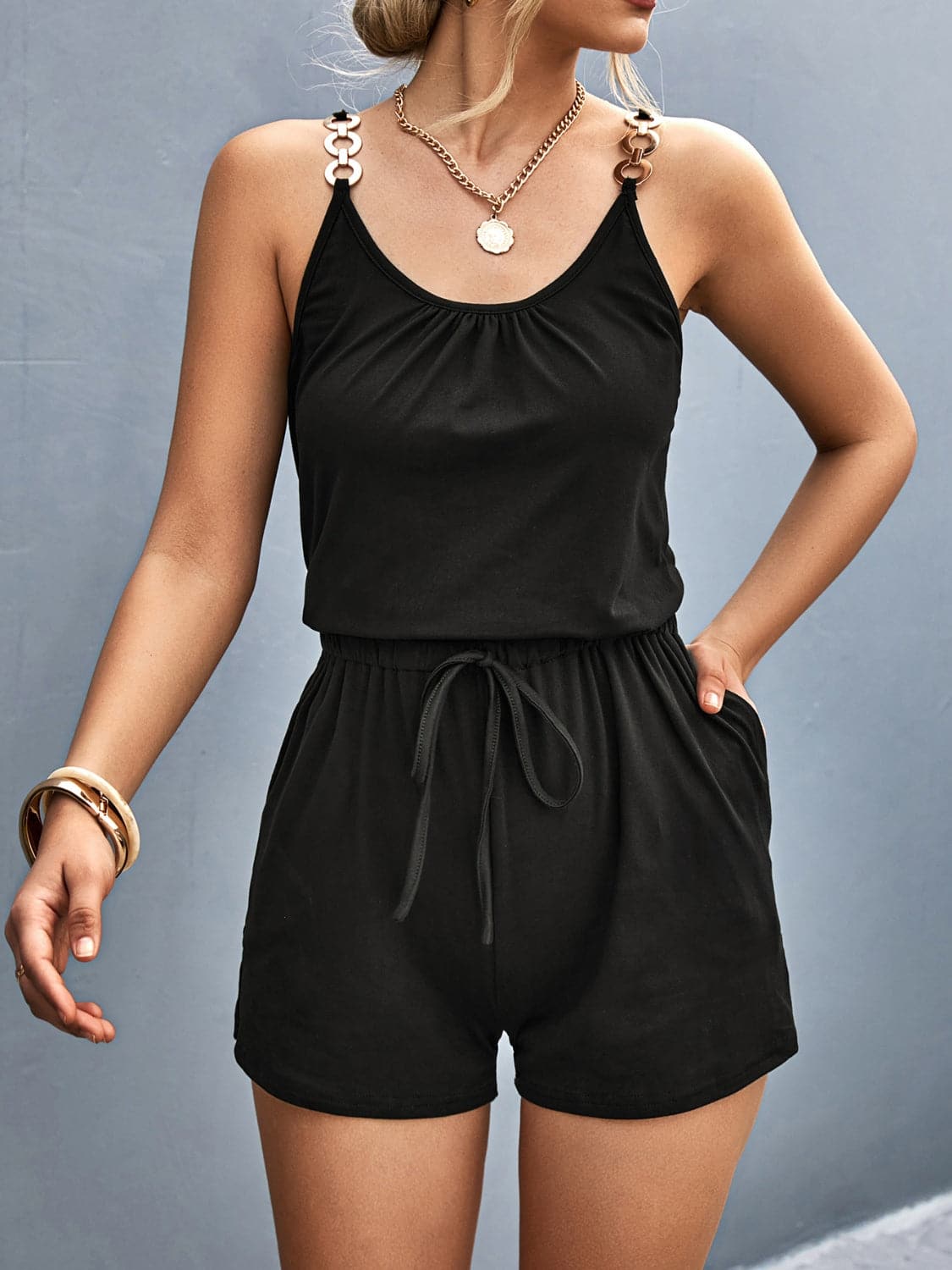 Scoop Neck Romper with Pockets.