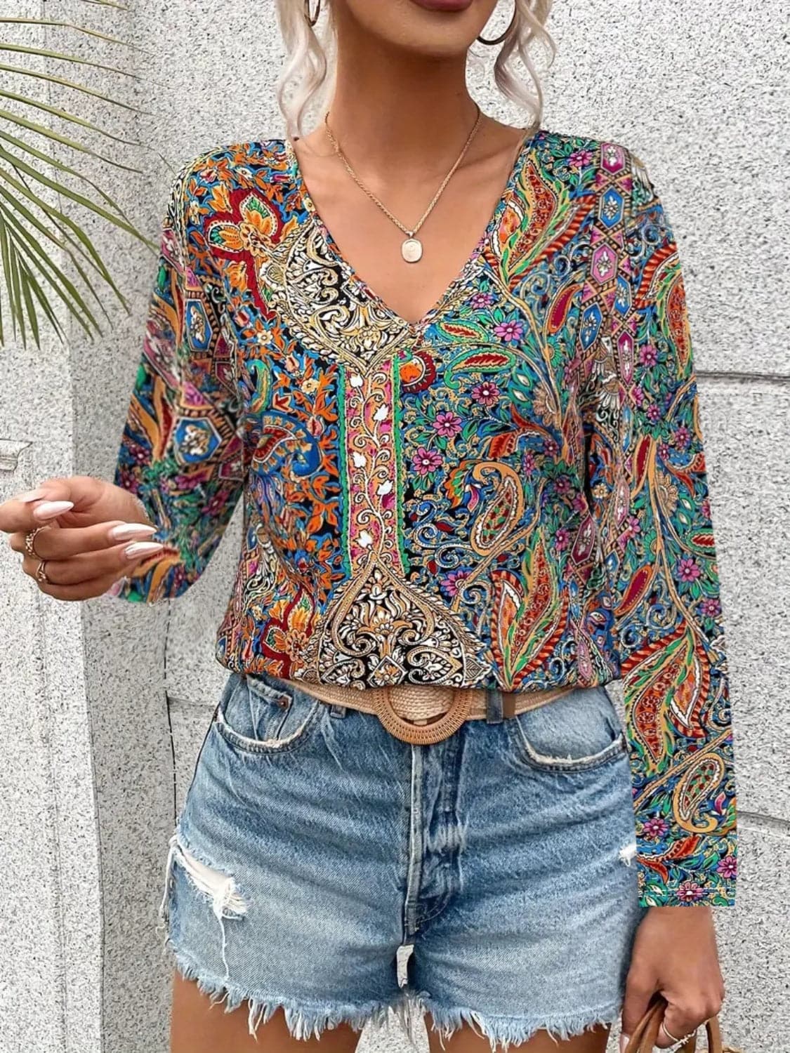 Printed V-Neck Long Sleeve Blouse.