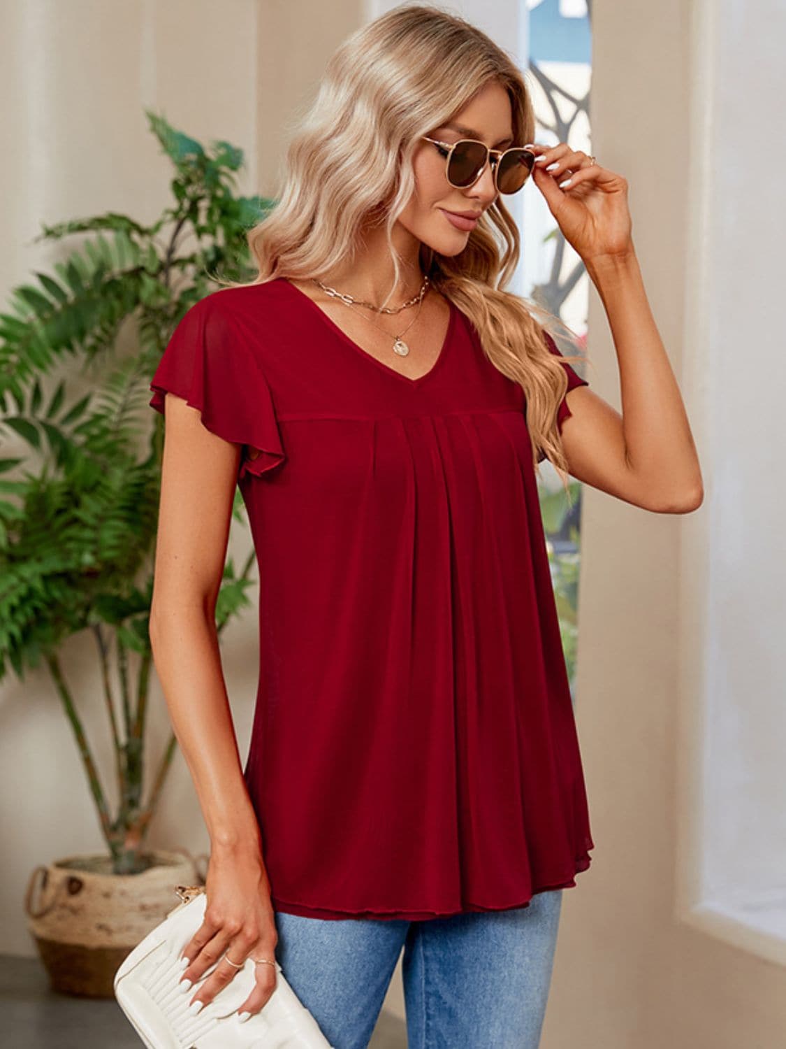 Ruched V-Neck Short Sleeve T-Shirt.